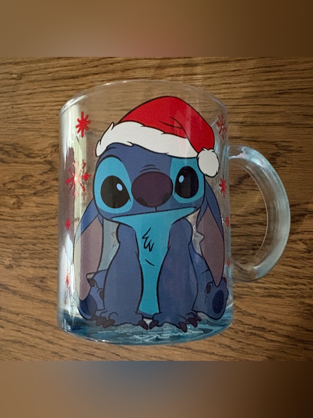 Disney Clear Glass Mug with Blue Stitch and Red Santa Hat